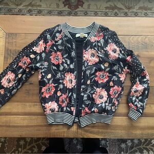Anthropologie Saltwater LUXE Floral Bomber Jacket with Black and Pink
